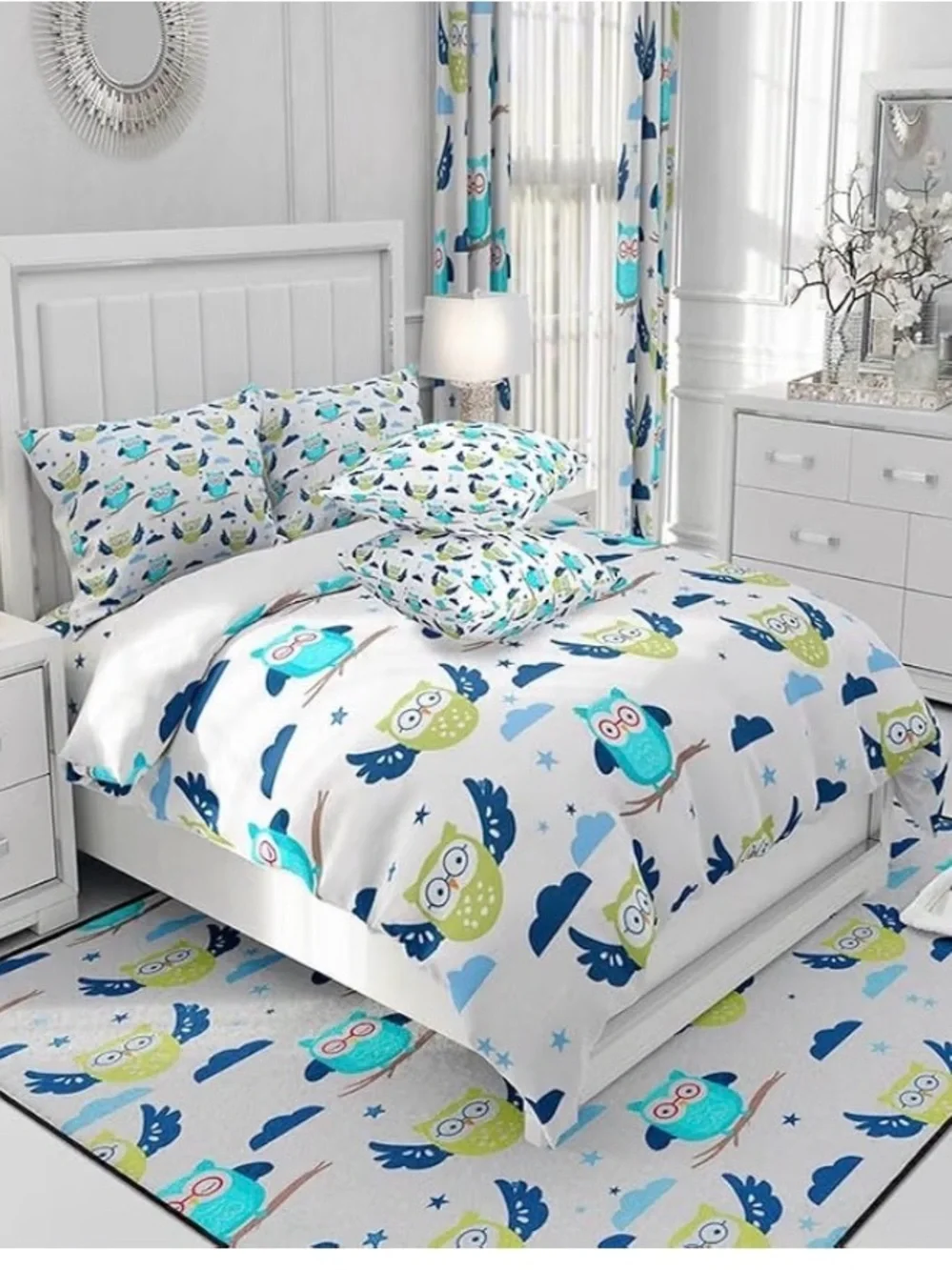 Owl Pattern Kids Duvet Cover Set in Blue & Green - twin 001